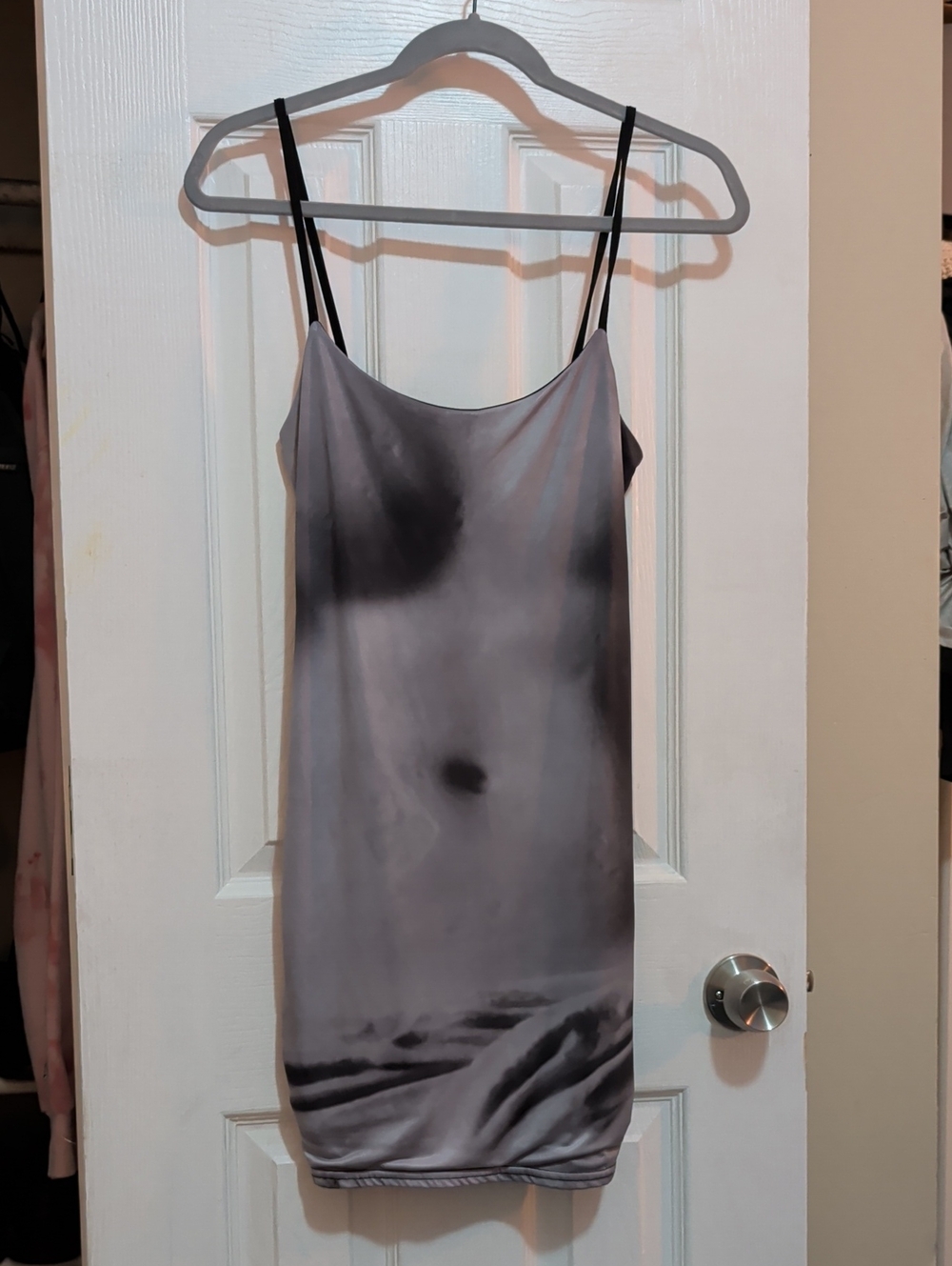 PrettyLittleThing Gray Tie-Dye Slip Dress with Black Straps